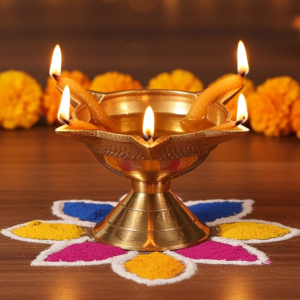 Brass Table Decor Oil Lamp Deepak 4 Wicks  - Traditional Brass Diya for Aarti