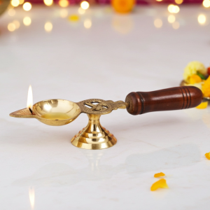 Brass Table Decor Oil Lamp Deepak With Wooden Handle  - Antique Finish Deepak for Home