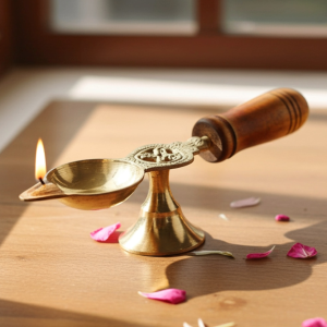 Brass Table Decor Oil Lamp Deepak With Wooden Handle  - Traditional Deepak for Temple