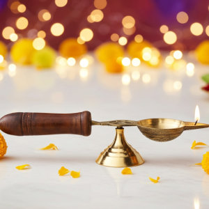 Brass Table Decor Oil Lamp Deepak With Wooden Handle  - Classic Brass Diya for Décor