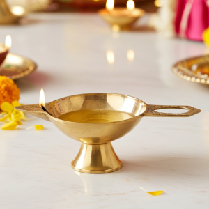 Brass Table Decor Oil Lamp Deepak No. 4  - Large Brass Deepak for Aarti Purpose