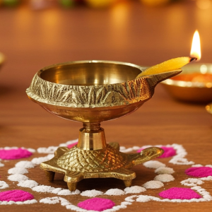 Brass Table Decor Oil Lamp Deepak On Tortoise  - Traditional Oil Lamp for Mandir Lighting