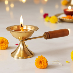 Brass Table Decor Oil Lamp Deepak With Wooden Handle  - Handcrafted Brass Diya