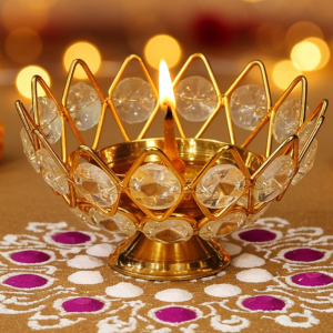 Brass Table Decor Oil Lamp Deepak With Crystal  - Designer Deepak for Home Décor