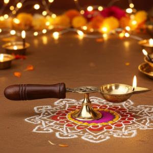 Brass Table Decor Oil Lamp Deepak With Wooden Handle  - Handmade Brass Diya for Puja Room