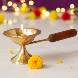 Brass Table Decor Oil Lamp Deepak With Wooden Handle  - Decorative Deepak for Home