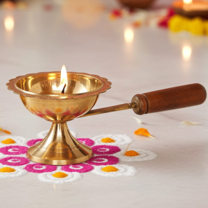Brass Table Decor Oil Lamp Deepak With Wooden Handle  - Puja Diya for Temple