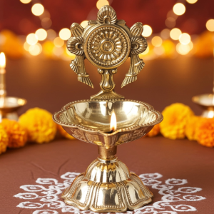 Brass Table Decor Oil Lamp, Shankh Deepak  - Antique Style Brass Oil Lamp for Décor