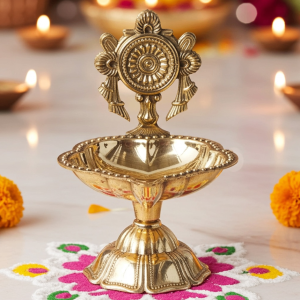 Brass Table Decor Oil Lamp, Shankh Deepak  - Devotional Deepak for Puja Rituals
