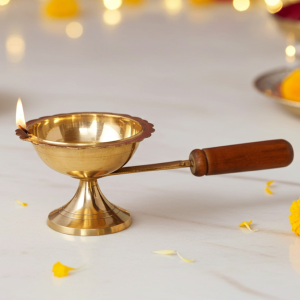 Brass Table Decor Oil Lamp Deepak With Wooden Handle  - Traditional Deepak for Mandir