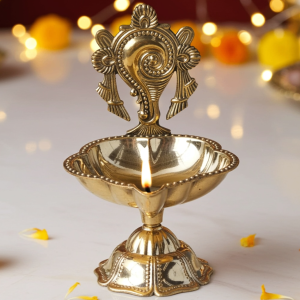 Brass Table Decor Oil Lamp, Shankh Deepak  - Traditional Brass Diya for Home Temple