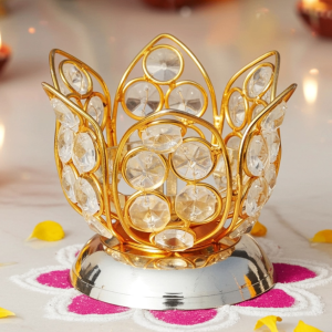 Brass Table Decor Oil Lamp Deepak With Crystal  - Traditional Oil Lamp for Puja Room