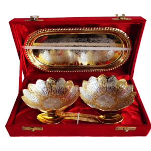 Decorative Silver & Gold Plated 2 Bowl With Tray And Two Spoon