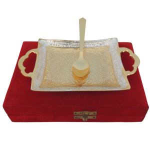 Brass Tray With Spoon Packed In Velvet Box