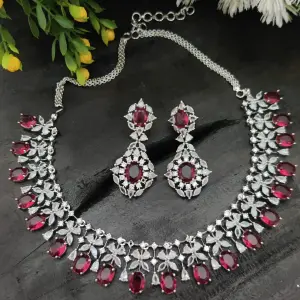 Rhodium Plated Maroon Cubic Zircon Necklace set