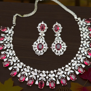 Rhodium Plated Maroon Cubic Zircon Necklace Set