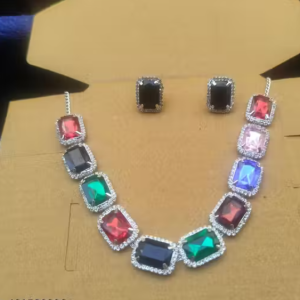 Dazzling Stones Necklace Earring Set For Women (MULTICOLOUR)