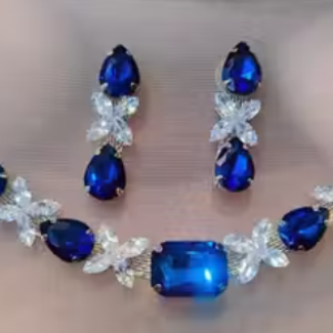 Jewellery Navy Blue American Diamond Necklace Set with Stud Earrings For Women & Girls