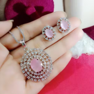 Silver Plated Luxury American Diamond Heart Crystal Pendant & Earrings Combo