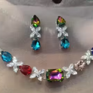 Glass Stone Multicolored Party Wear Necklace With Stylish Earing