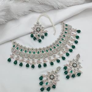 Green Stone Work Necklace Set with Earrings and Maang Tikka