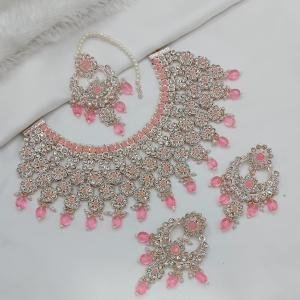 White Colour Rose Gold Finish Necklace Set With Stone And Pearl Work