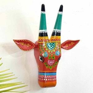 Handcrafted Big 10 Inch Orange Cow Head Wall Hanging | Ethnic Indian Wooden Art | Decorative Animal Face Mask for Home Décor
