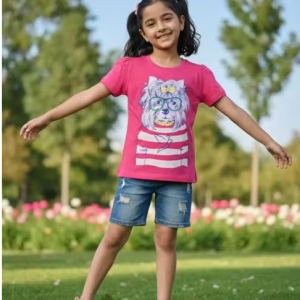 Girls Pink Graphic T-Shirt – Kids Short Sleeve Casual Top, Dog Print Tee