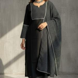 Elegant Black Striped Kurta Pant & Dupatta Set for Women