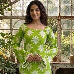 Green Floral Bell Sleeve Cotton Top for Women