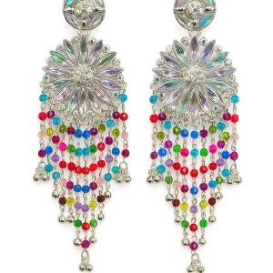 multi-color stone and bead drop earrings in an oxidized silver-plated