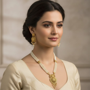 Gold Plated Pearl Long Necklace Set for Women