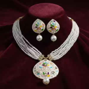 Multicolor pendant Enamel Pearl Necklace and Earring Set, Traditional Kundan Jewelry