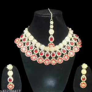 Necklace Set For Women Plated with Silver Toned Red Necklace Long Earrings