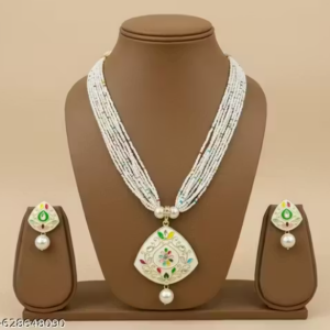 Multi-Layered Pearl Necklace Set with Enamel Pendant & Matching Earrings