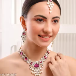 Pink Necklace Set for Women Ethnic Indian Wedding Jewelry Set and Earrings