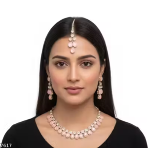 Pink & White Necklace Set for Women | Heavy Jewelry Set with Long Earrings & Maang tika