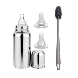 Stainless Steel Baby Feeding Bottle Set with Soft Silicone Nipple with 2 Nipples and Silicone Cleaning BrushBPA Free, Leak Proof Bottle for Newborns & Infants