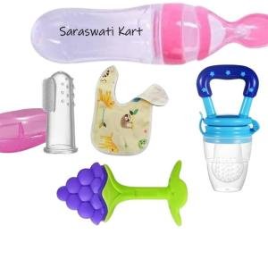 New-born Baby Feeding Essentials Kit | Fruit Feeder, Silicone Spoon, Finger Brush & Bib