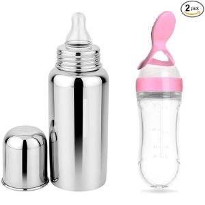 The Moms Care Premium Steel Bottle for Milk Feeding & Pink Spoon Bottle for Food Feeder BPA Free