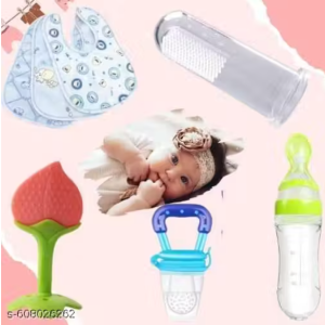 Baby Feeding & Teething Combo – tree teether , spoon feeder bottle ,fruit feeder, finger brush, button bib