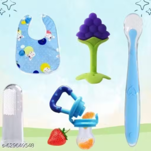 Baby Feeding & Care Combo | Bib, Finger Brush, Fruit Feeder, Teether & Spoon