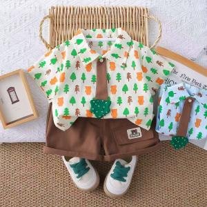 Kids pure cotton linen printed shirt with bottoms and detachable tie