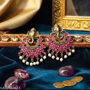 Traditional Ganesh Design Pink Stone Pearl Dangler Earrings for Women & Girls