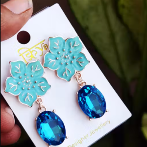 Trendy Turquoise Floral Enamel Earrings with Blue Crystals Drops