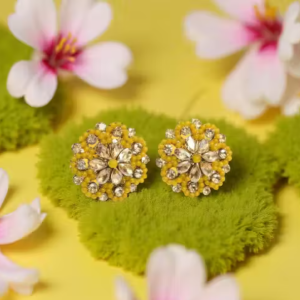 Trendy Yellow Beaded Floral Stud Earrings for Women & Girls