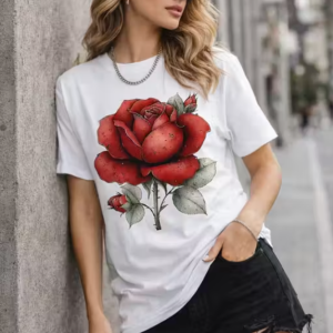 Stylish Red Rose Printed Women White Cotton T-Shirt