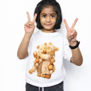 Cute Teddy Bear Printed Kids White Cotton T-Shirt