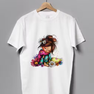 Cute Floral Girl Printed White Cotton T-Shirt for Women