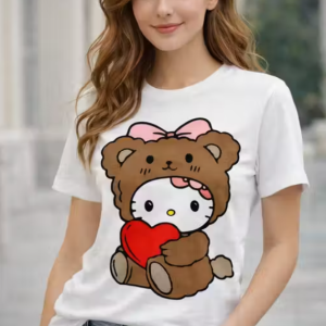 Women White Cotton Printed T-Shirt Cute Teddy Bear Heart Design